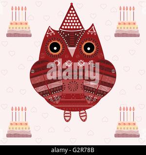 Cute owl avec ornement ethniques anniversaire Illustration de Vecteur