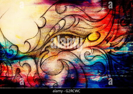 Mystic woman eye avec ornement floral. Dessin sur papier, effet de couleur. Contact avec les yeux. Banque D'Images