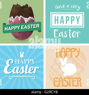 Quatre Joyeuses Pâques Cartes. Les illustrations avec des oeufs de Pâques, lapin de Pâques et le texte Illustration de Vecteur