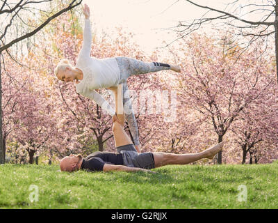 Formation Couple yoga acro dans un parc, les fleurs de cerisier sur arrière-plan, en mai au sud de la Finlande. Banque D'Images