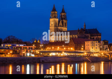 Magdeburger Dom et Elbe au crépuscule Banque D'Images