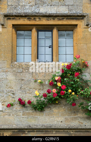 Cotswold cottage en pierre avec des roses rouges et jaunes. Stanton, Cotswolds, Gloucestershire, Angleterre Banque D'Images