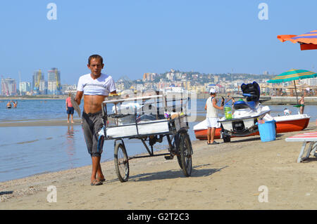 Merchant sur la plage de Sosua, grillé de vente dans une brouette corncob Banque D'Images