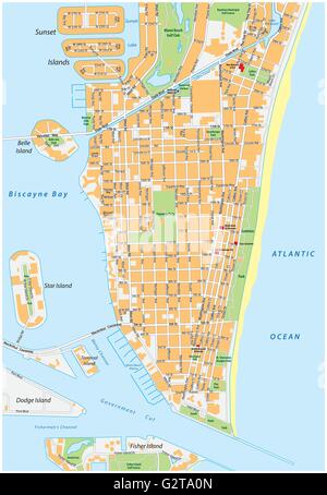 Miami Beach vecteur détaillée carte des rues avec des noms, en Floride, Illustration de Vecteur