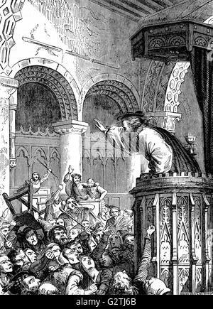 Le dimanche 23 juillet 1637 les efforts déployés par Charles I et l'Archevêque Laud d'imposer des services sur l'Église anglicane de l'Écosse a conduit à le livre de la prière commune révisée pour utiliser écossais étant introduit en St Giles. L'émeute dans l'opposition a commencé lorsque le doyen d'Édimbourg, James Hannay, a commencé à lire à partir du nouveau livre de prière, promu par le marché légendaire-femme ou street-vendeur Jenny Geddes jetant son tabouret à la tête. Banque D'Images