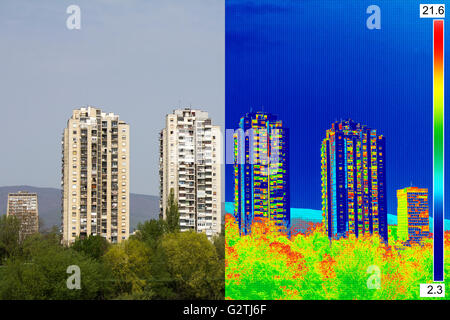 L'infrarouge et l'image réelle montrant le manque d'isolation thermique sur la construction résidentielle Banque D'Images