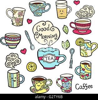 Haut en couleur avec doodle Accessoires à thé isolé sur fond blanc. Illustration de Vecteur