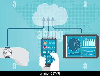 Concept de remise en forme et de santé connectés tracker et les périphériques (téléphone intelligent, tablette et portable pour votre vie numérique Illustration de Vecteur