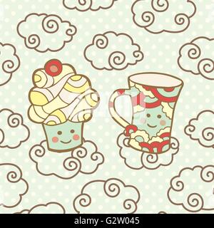 Smiling Cute cupcake et tasse sur les nuages. Illustration de Vecteur