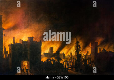 Le grand incendie de Londres en 1666, huile sur toile, à partir d'un original par Jan Griffier l'Aîné, c.1670-1678. La Cathédrale St Paul peut être vu parmi les flammes au loin. Banque D'Images