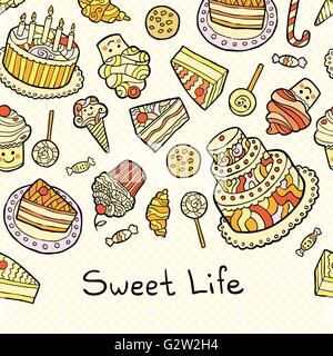 Carte de vie sucré comprenant des gâteaux isolé sur fond pointillé. Illustration de Vecteur