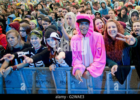 Nuremberg, Allemagne. 3 juin, 2016. Les visiteurs au festival de musique "Rock im Park" à Nuremberg, Allemagne, 3 juin 2016. Plus de 80 groupes produire au festival jusqu'au 5 juin. PHOTO : DANIEL KARMANN/dpa/Alamy Live News Banque D'Images