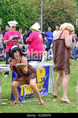 Coxheath, Kent, Angleterre, 4 juin 2016. Quatre équipes de la compétition à l'official World Championship 2016 Tarte à la crème dans le village de Coxheath près de Maidstone, Kent. A commencé en 1967 par le conseiller Mike FitzGerald comme un moyen de recueillir des fonds pour la salle des fêtes, l'événement est devenu un sport international avec une équipe gagnante du Japon en 2015. http://www.worldcustardpiechampionship.co.uk/ PjrNews : Crédit/Alamy Live News Banque D'Images