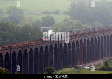 Harringworth, Leicestershire, UK. 4 juin, 2016. The Flying Scotsman train à vapeur traverse le viaduc Harringworth (aussi connu comme le viaduc de Welland), dans le Leicestershire, après son £4,2 millions de reposer, qui a été terminé au début de l'année. Le viaduc Harringworth a 82 arches et est 1.166km de long (1 275 mètres), et est le plus long viaduc en maçonnerie à travers une vallée en Grande-Bretagne. Crédit : Paul Marriott/Alamy Live News Banque D'Images