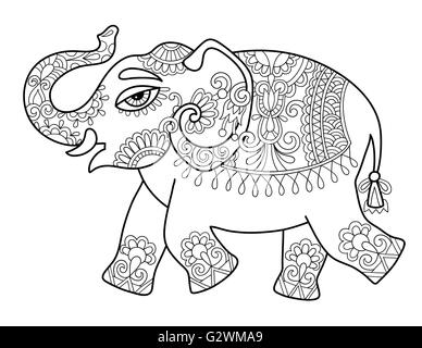 Ligne d'éléphants indiens ethniques originaux, adultes coloriages bo Illustration de Vecteur