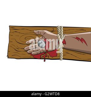 Le bras de Jésus Christ, à égalité, des saignements, et crucifié sur une croix en bois illustration. 10 EPS vectoriel disponible. Illustration de Vecteur