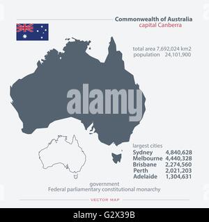 Cartes isolées du Commonwealth de l'Australie et l'icône du drapeau officiel. vecteur carte politique australienne des icônes avec des informations générales. Illustration de Vecteur