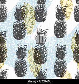 Retro 80s été motif transparent, fond formes style memphis dans des couleurs douces avec fruits ananas éléments. Vecteur EPS10. Illustration de Vecteur