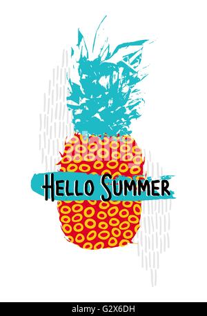 Hello summer retro 80s concept illustration d'ananas fruit avec vintage art colorés et éléments de style memphis des formes. Illustration de Vecteur