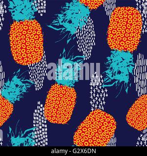 Retro summer seamless pattern design, fruit d'ananas avec des couleurs vibrantes et vintage 80s style art.10 EPS vecteur. Illustration de Vecteur