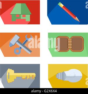 Maison Icônes, crayon, outils, clé, lightbulb, ordinateur portable Illustration de Vecteur