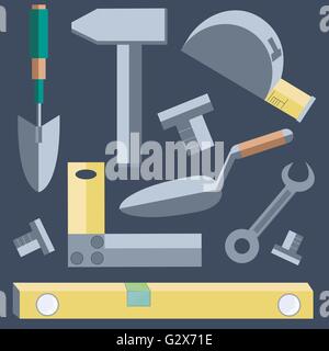 Au niveau des outils, pelle, couteau à mastic, marteau, clé, ruban à mesurer, Illustration de Vecteur