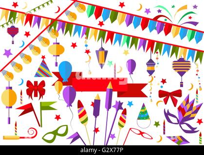 Éléments de décorations de vacances Garland, drapeaux, ballons, des arcs, des lampes, des rubans, des masques Illustration de Vecteur