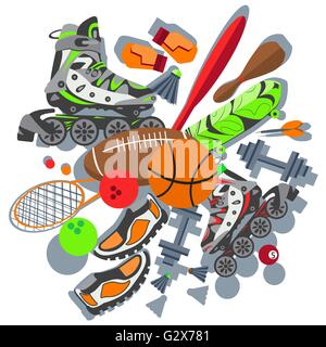 Les articles de sport, chaussures de basket ball, racket, des gants de boxe Illustration de Vecteur