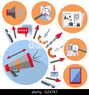 Définir l'élément de bureau gramophone, gadget, flèche, téléphone Illustration de Vecteur