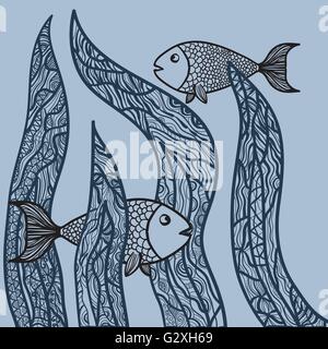 Deux poissons dans de mauvaises herbes de mer. Coloriage antistress adultes. Hand drawn doodle oceanic animal. Esquisse pour une affiche, print, t-shirt dans zentangle. Vector illustration Illustration de Vecteur