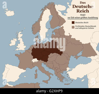 Troisième Reich à son apogée en 1942. La carte de l'Allemagne nazie en Europe dans la seconde guerre mondiale. Marquage en allemand ! Banque D'Images