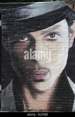 Street art portrait de Prince Rogers Nelson par Akse P19 dans le quart nord de Manchester Banque D'Images