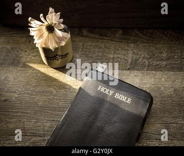 L'étude de la Bible. La lumière du matin éclaire un King James Bible sur un fond en bois rustique avec des fleurs simples. Banque D'Images
