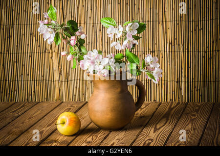 De pomme mûre et d'une branche en fleurs pommier dans un pot en argile, close-up Banque D'Images