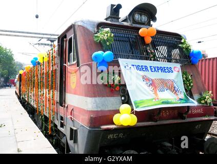 New Delhi, Inde. Le 05 juin, 2016. La course inaugurale de la Tiger Trail Train Circuit se prépare à s'écarter de Delhi gare Safdarjung marquant la Journée mondiale de l'environnement 05 juin 2016, à New Delhi, en Inde. Le train touristique axé sur la visite de tiger est le premier de plusieurs trains touristiques et visiterez Bandhavgarh et Kanha Parc National. Credit : Planetpix/Alamy Live News Banque D'Images