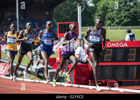 Mo Farah brise un record de 34 ans pour le 3000m auparavant fixé à 7:32.79 par David Moorcroft en 1982. Farah bat le record avec un temps de 7:32.62, à 17 centièmes de seconde plus rapide. Il a dédié sa victoire au boxeur Muhammad Ali qui meurt à peine deux jours avant. Banque D'Images