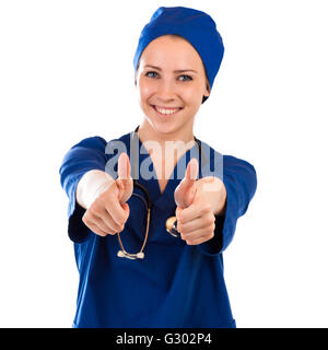 Nurse showing Thumbs up signe de réussite et des exfoliations wearing stethoscope Banque D'Images