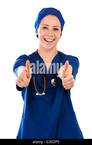 Nurse showing Thumbs up signe de réussite et des exfoliations wearing stethoscope Banque D'Images