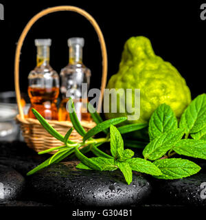 Spa aromatique de bouteilles huile essentielle dans le panier, menthe, romarin et de bergamote fruits sur des pierres de basalte zen noir avec la rosée, Banque D'Images