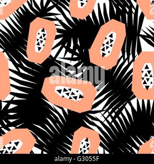 Schéma de répétition sans faille avec les papayes sur feuilles de palmier noir et blanc arrière-plan. Textiles modernes, cartes de vœux, affiches, wrappi Illustration de Vecteur
