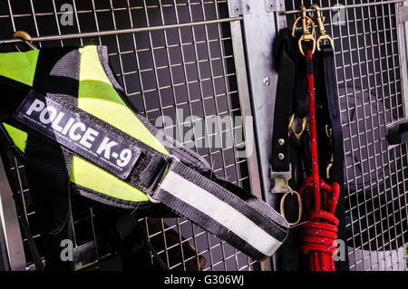 Police dog harnais, cordes et câbles sur les cages à l'arrière d'une voiture transport canin. Banque D'Images