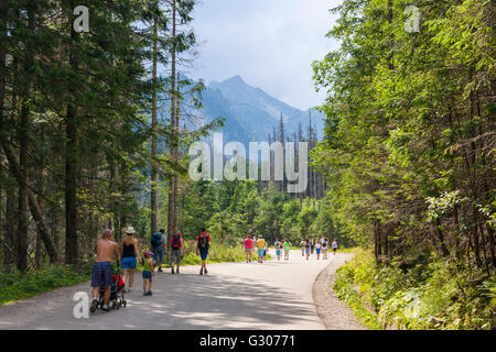 Groupe de touristes marcher sur la route de Morskie Oko, le lac Czarny Staw et Rysy dans les Hautes Tatras près de Zakopane, Pologne Banque D'Images