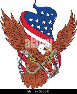Style croquis dessin illustration d'un American Bald Eagle wings flying à côté de l'embrayer avec son talon crochets en J de remorquage à l'aide de chaînes, vu de l'avant avec un déroulé usa american stars and stripes drapeau dans l'arrière-plan. Illustration de Vecteur