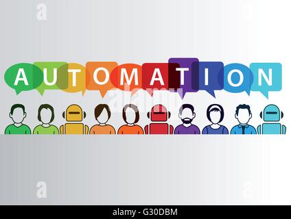 Concept d'automatisation des processus en arrière-plan. Vector illustration de groupe mixte d'hommes et machines et robots Illustration de Vecteur