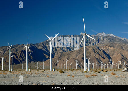 Moulins à vent et les montagnes de San Jacinto (Mont San Jacinto, 10 831 ft.), Col de San Gorgonio Wind Farm, près de Palm Springs, Californie Banque D'Images