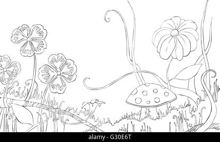 Les fleurs, d'herbe et champignons sur le pré. Livre de coloriage. Illustration de Vecteur