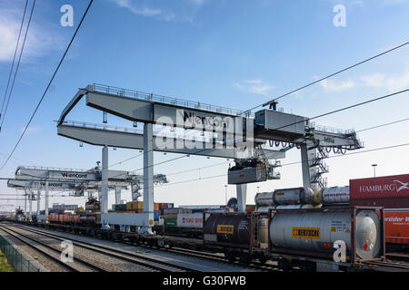 Terminal à conteneurs d'Wiencont Vienne Freudenau Container Terminal Company avec pont train de conteneurs et conteneurs avec Banque D'Images