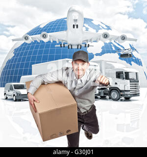 Delivery man et 3d avion camion van drone Banque D'Images