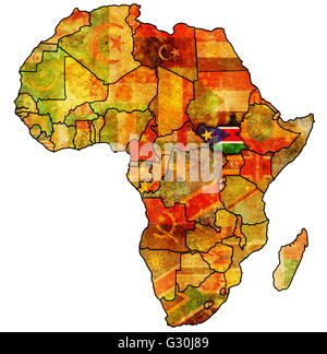 Soudan du Sud sur la carte politique de l'Afrique vintage avec des drapeaux Banque D'Images