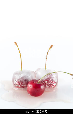 Cerises congelées sur fond blanc Banque D'Images